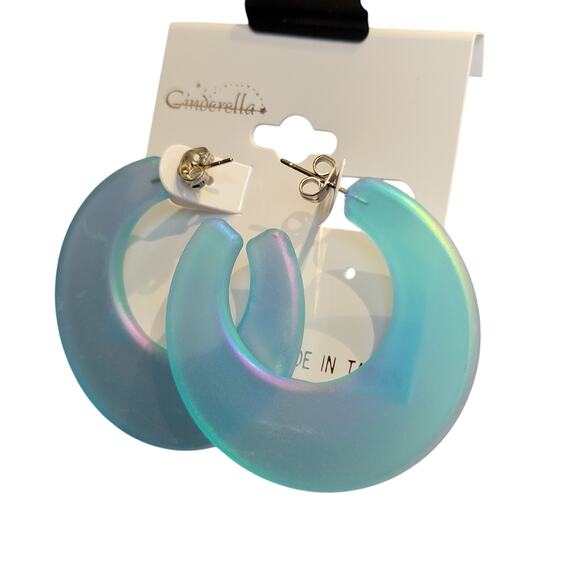 Blue Hoop Earring 1.7" Retro Bold Iridescent Y2K Festival Pierced 80's Statement - Picture 3 of 7